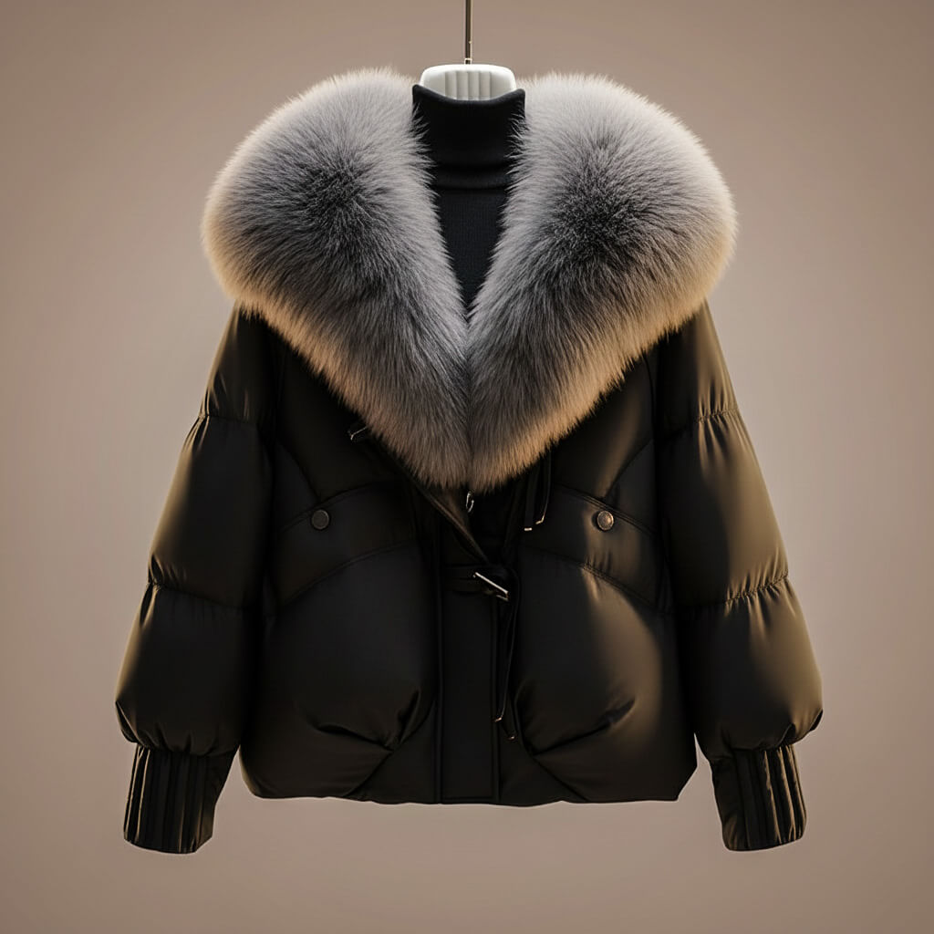Black puffer coat with gray faux-fur collar trim and center zip front