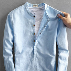 Corden linen shirt, light blue long-sleeve button-front henley with narrow collar