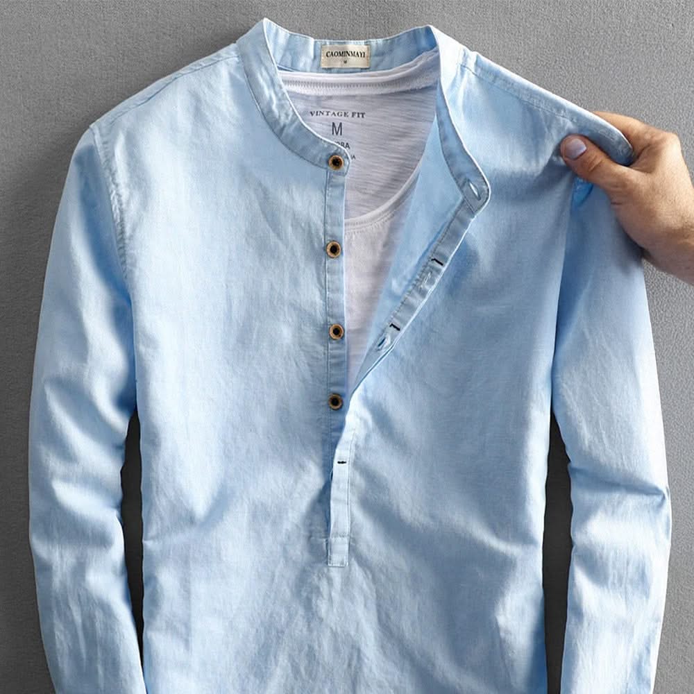 Corden linen shirt, light blue long-sleeve button-front henley with narrow collar
