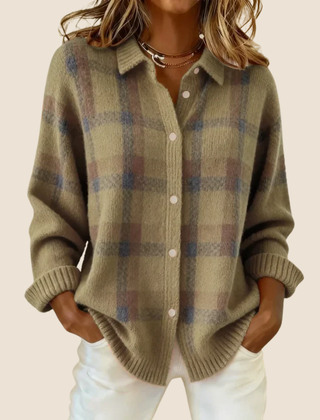 Khaki plaid button-up cardigan with front buttons and long sleeves