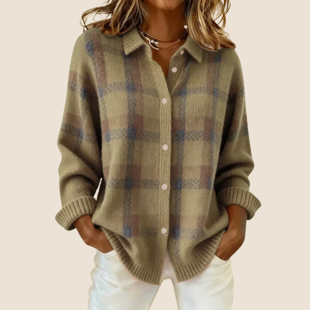 Khaki plaid button-up cardigan with front buttons and long sleeves