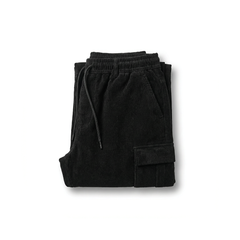 Black cargo pants with elastic drawstring waistband and front cargo pocket