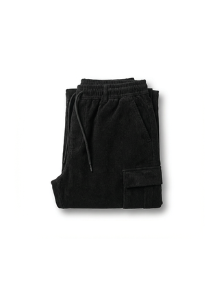Black cargo pants with elastic drawstring waistband and front cargo pocket