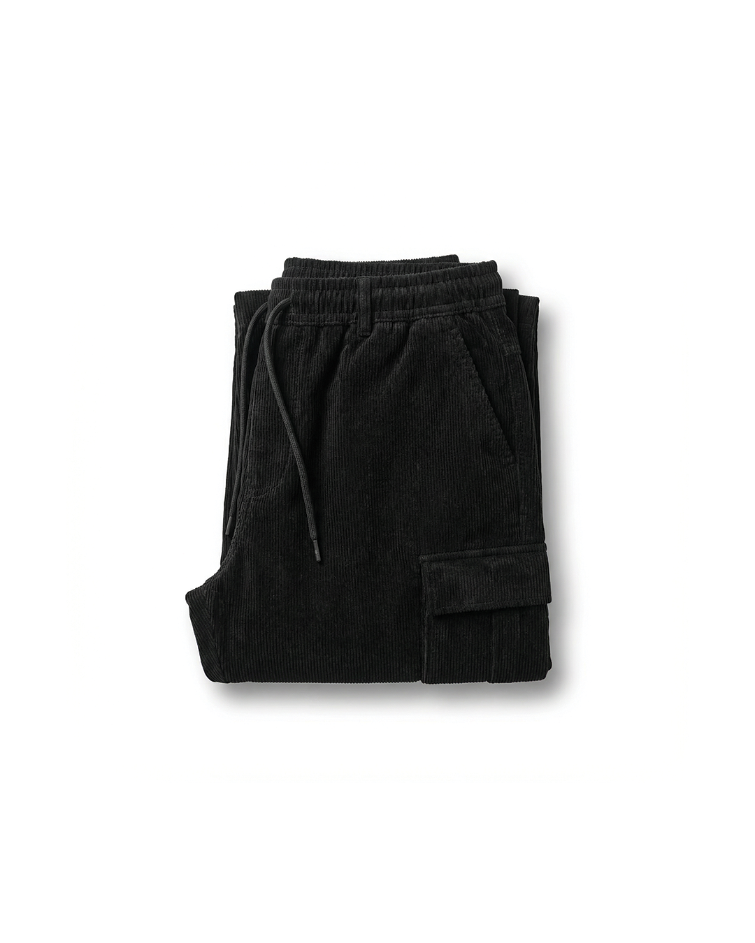 Black cargo pants with elastic drawstring waistband and front cargo pocket