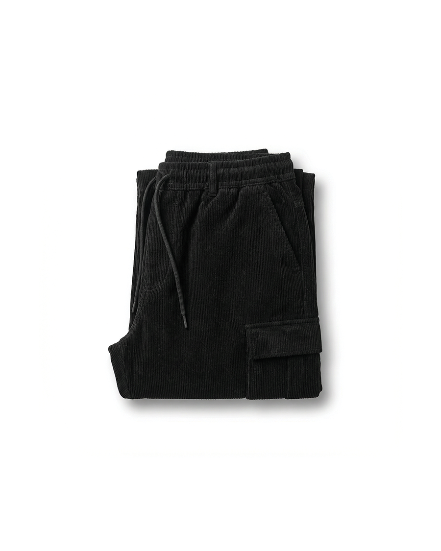 Black cargo pants with elastic drawstring waistband and front cargo pocket