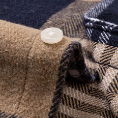 Plaid cotton flannel shirt, tan and dark plaid, buttoned cuff detail
