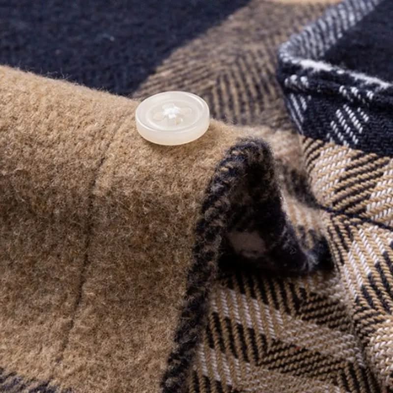 Plaid cotton flannel shirt, tan and dark plaid, buttoned cuff detail