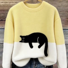 Yellow and white cat print sweatshirt with long sleeves and crew neck