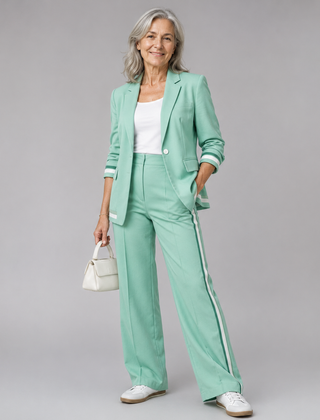 Light green casual suit set with single-breasted blazer and wide-leg trousers