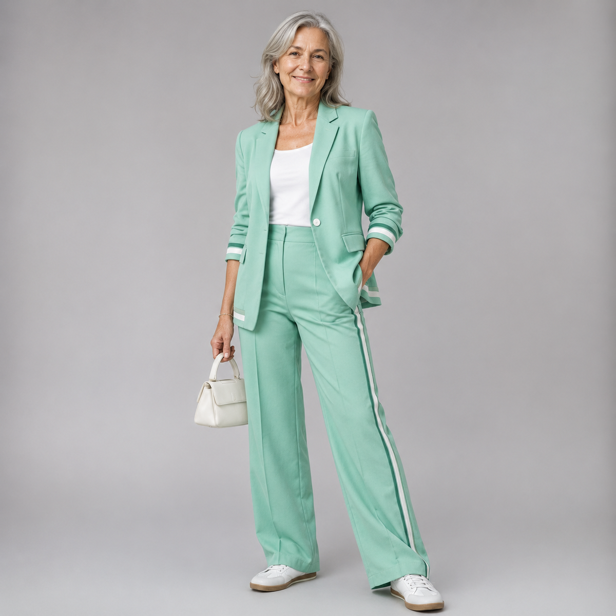 Light green casual suit set with single-breasted blazer and wide-leg trousers
