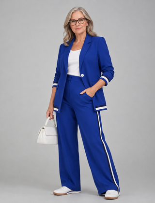 Royal blue casual suit set with blazer and matching wide-leg trousers, side stripe trim.