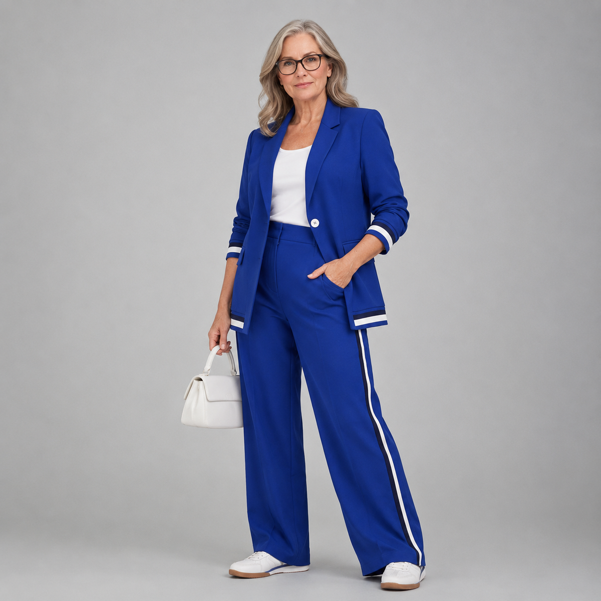 Royal blue casual suit set with blazer and matching wide-leg trousers, side stripe trim.