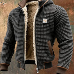 Grey quilted fleece lined zip-front jacket with tan sherpa collar and brown pocket trim