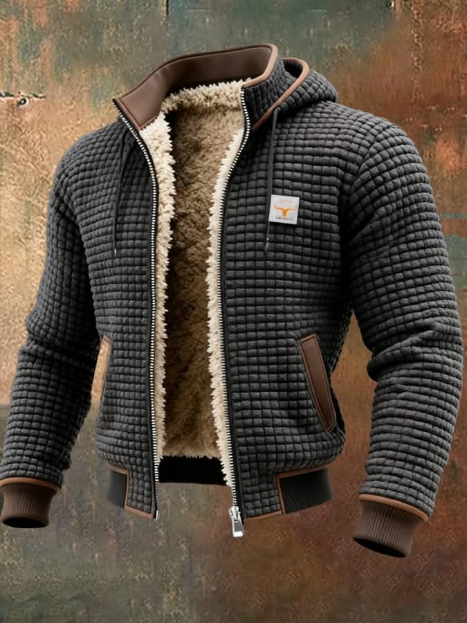 Grey quilted fleece lined zip-front jacket with tan sherpa collar and brown pocket trim