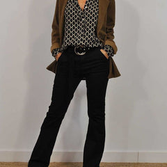 ELVIRA™ black geometric V-neck blouse, long sleeves, button-front placket.