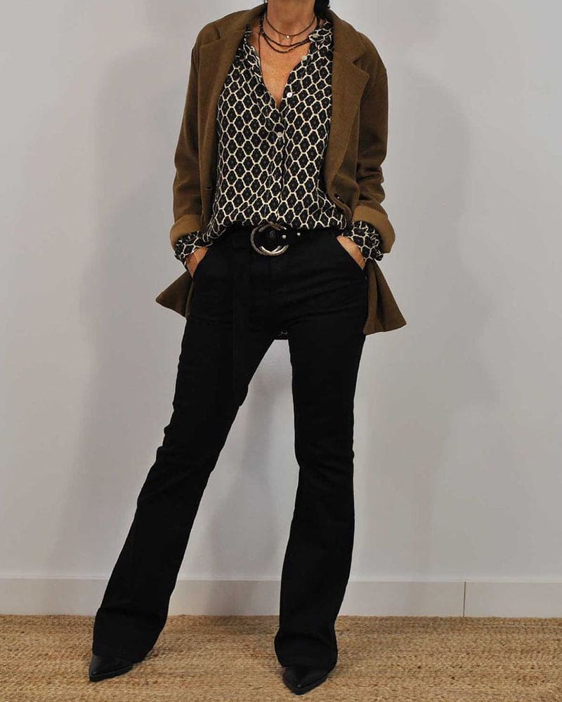 ELVIRA™ black geometric V-neck blouse, long sleeves, button-front placket.
