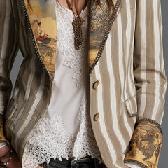 Khaki striped blazer detail: patterned button placket and decorative trim at cuffs