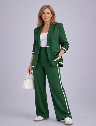 Green casual suit set with blazer and matching wide-leg trousers, side stripe trim.