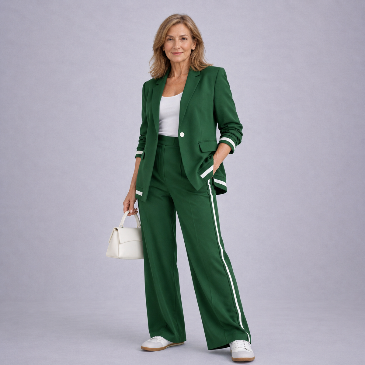 Green casual suit set with blazer and matching wide-leg trousers, side stripe trim.