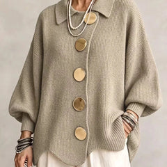 Oversized collared button cardigan, light khaki knit with front button placket