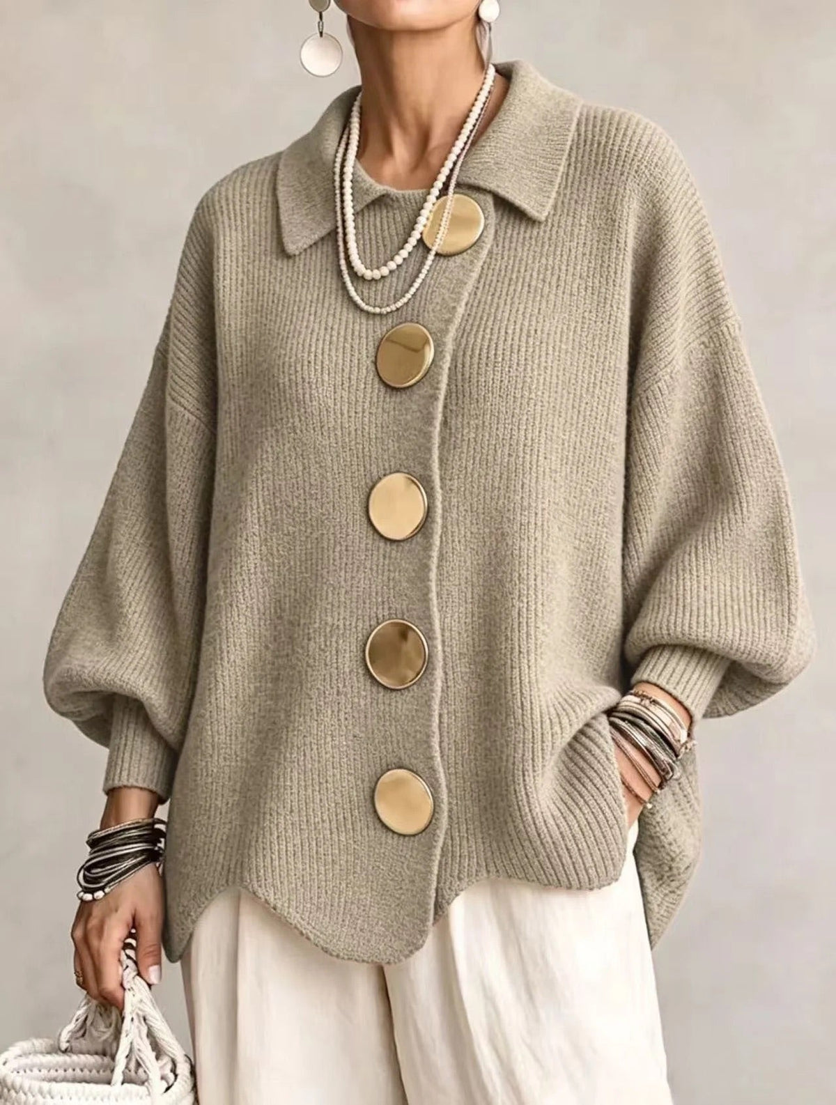 Oversized collared button cardigan, light khaki knit with front button placket