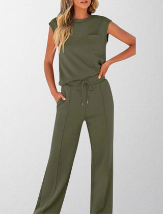 Olive green sleeveless lounge co-ord set with pocket top and drawstring wide-leg pants
