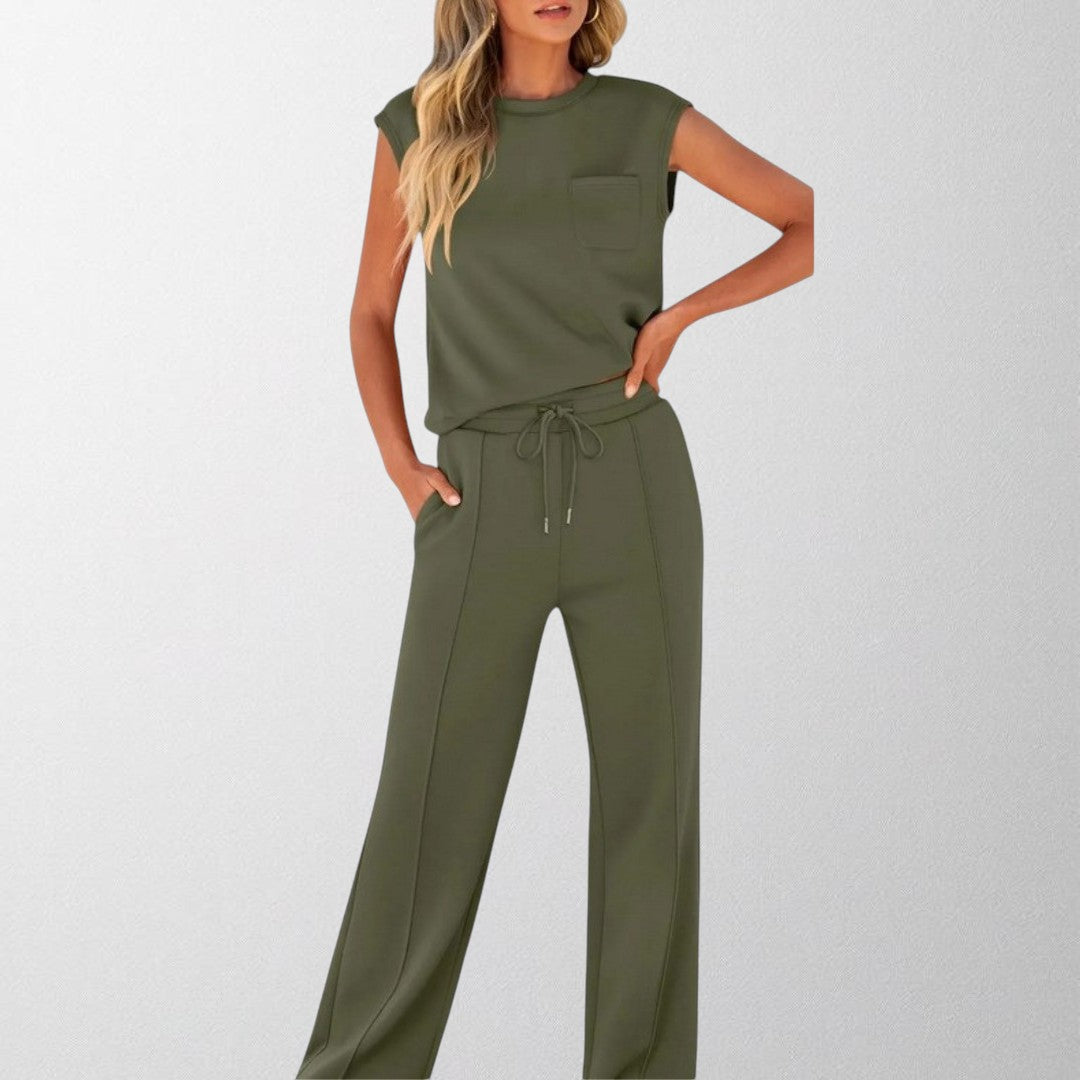 Olive green sleeveless lounge co-ord set with pocket top and drawstring wide-leg pants