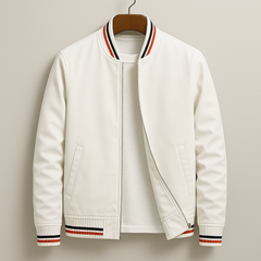 Men's white bomber jacket with zip front, ribbed collar, striped hem cuffs