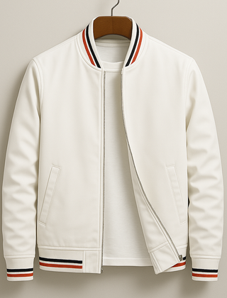 Men's white bomber jacket with zip front, ribbed collar, striped hem cuffs