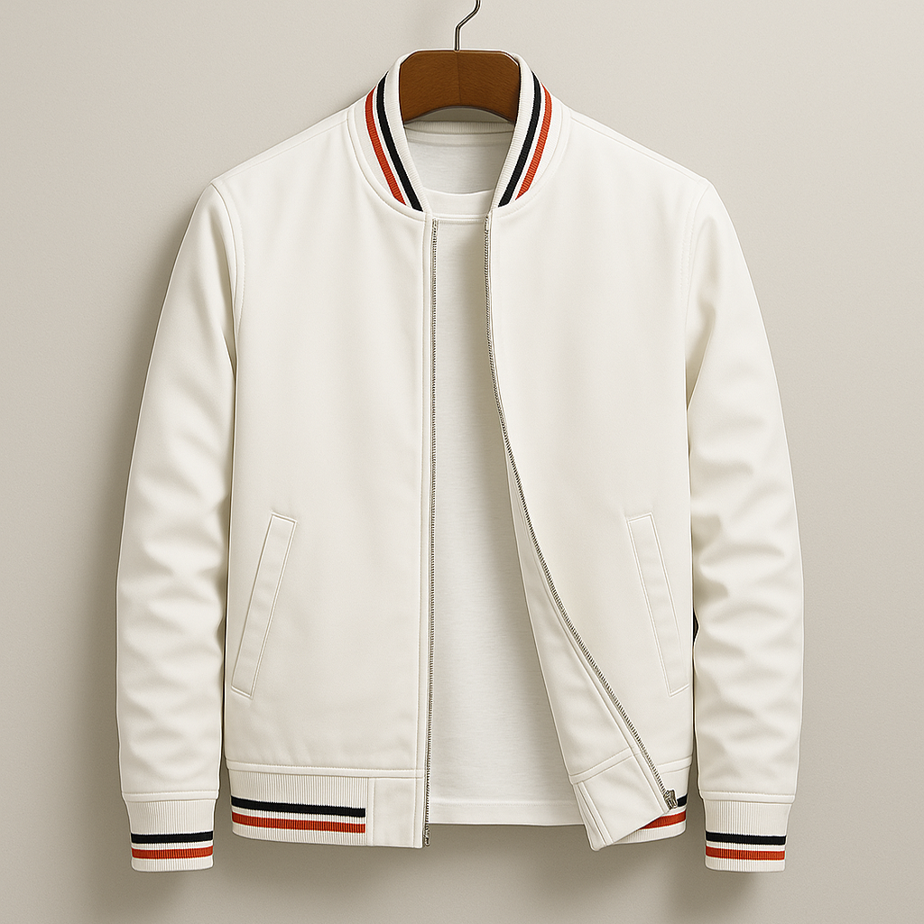 Men's white bomber jacket with zip front, ribbed collar, striped hem cuffs