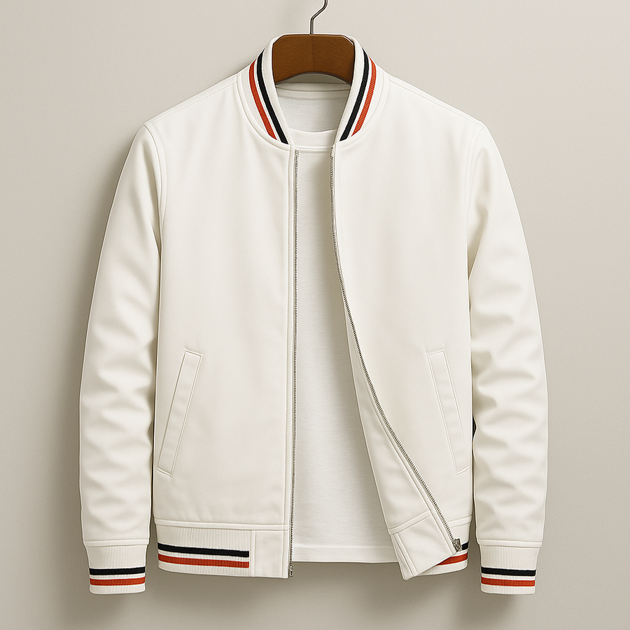 Men's white bomber jacket with zip front, ribbed collar, striped hem cuffs