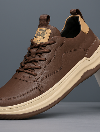 Brown leather low-top sneaker with lace-up front, cream sole, and tan collar lining