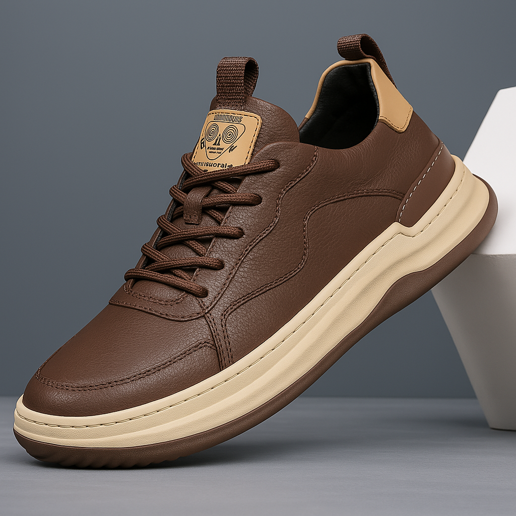 Brown leather low-top sneaker with lace-up front, cream sole, and tan collar lining