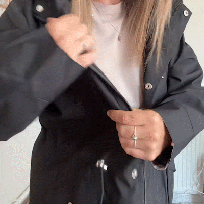 Women's 3-in-1 jacket, black front close-up with zipper and snap buttons