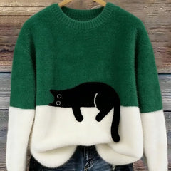 Green and white cat print sweatshirt with long sleeves and crew neck