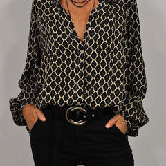 ELVIRA™ black geometric V-neck blouse with long sleeves and front button placket.
