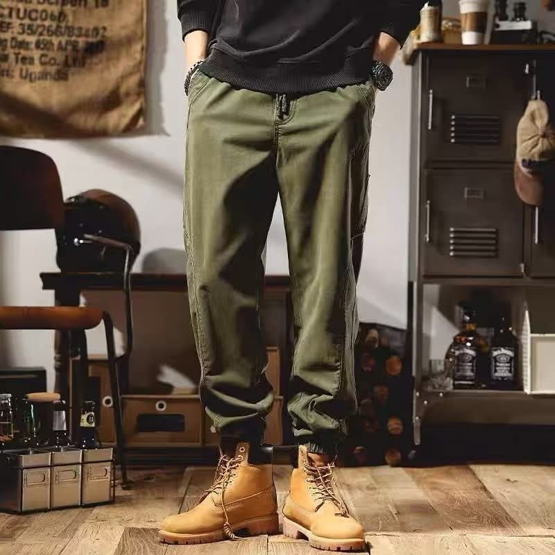 Olive green cargo pants with side cargo pocket and elastic waistband