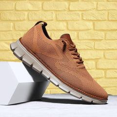 Brown knit lace-up walking shoes with brown heel tab and chunky sole