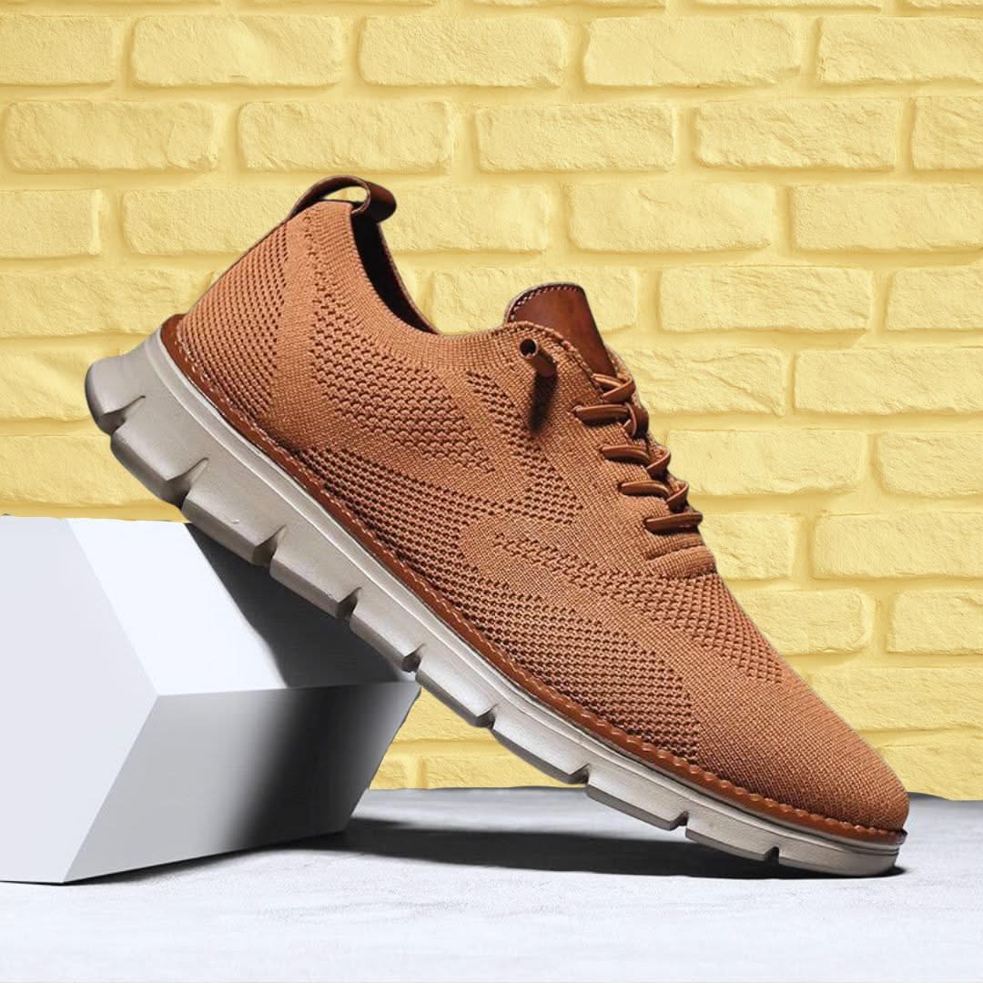 Brown knit lace-up walking shoes with brown heel tab and chunky sole
