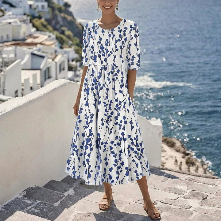 Jennifer - Coastal Blue Botanical Print Midi Dress