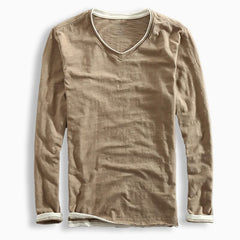 Brown cotton shirt with V-neck and long sleeves, ribbed cuffs