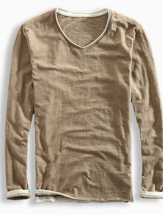 Brown cotton shirt with V-neck and long sleeves, ribbed cuffs