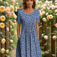 GEORGINA elegant dress with tummy coverage, dark blue with white pattern, short sleeves
