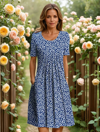 GEORGINA elegant dress with tummy coverage, dark blue with white pattern, short sleeves