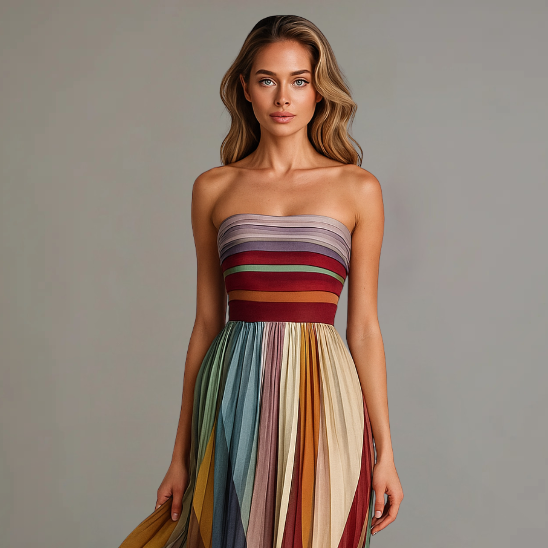 Strapless pleated maxi dress with multicolor vertical stripes and elasticized top band