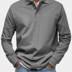 Men's long-sleeve polo shirt in medium gray, button placket and ribbed cuffs