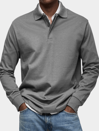 Men's long-sleeve polo shirt in medium gray, button placket and ribbed cuffs