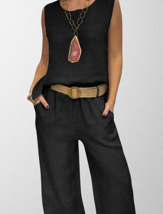 Black boho two-piece set: sleeveless top and wide-leg pants with tan belt