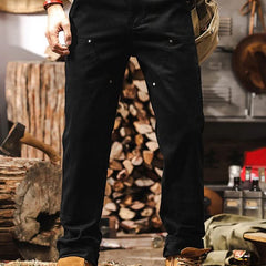 Black straight-leg utility work pants with button fly and side pockets