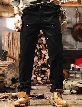 Black straight-leg utility work pants with button fly and side pockets